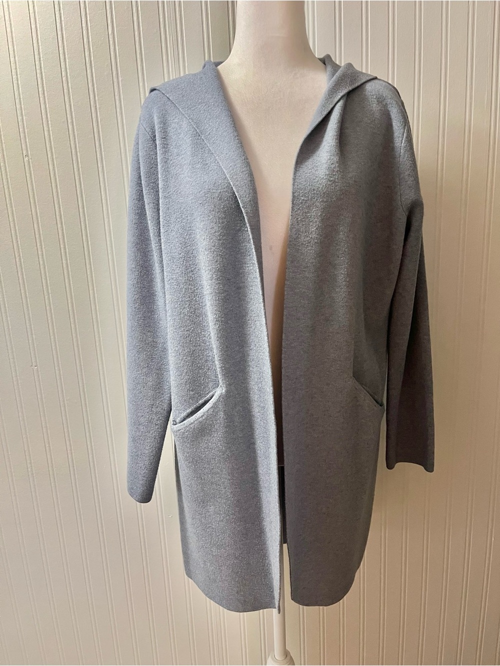 Sioni Dusty Blue Hooded Open Cardigan/Coat